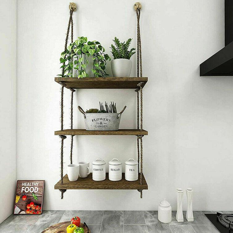 Gracie Oaks Wooden Floating Shelves Hanging Rope & Reviews Wayfair